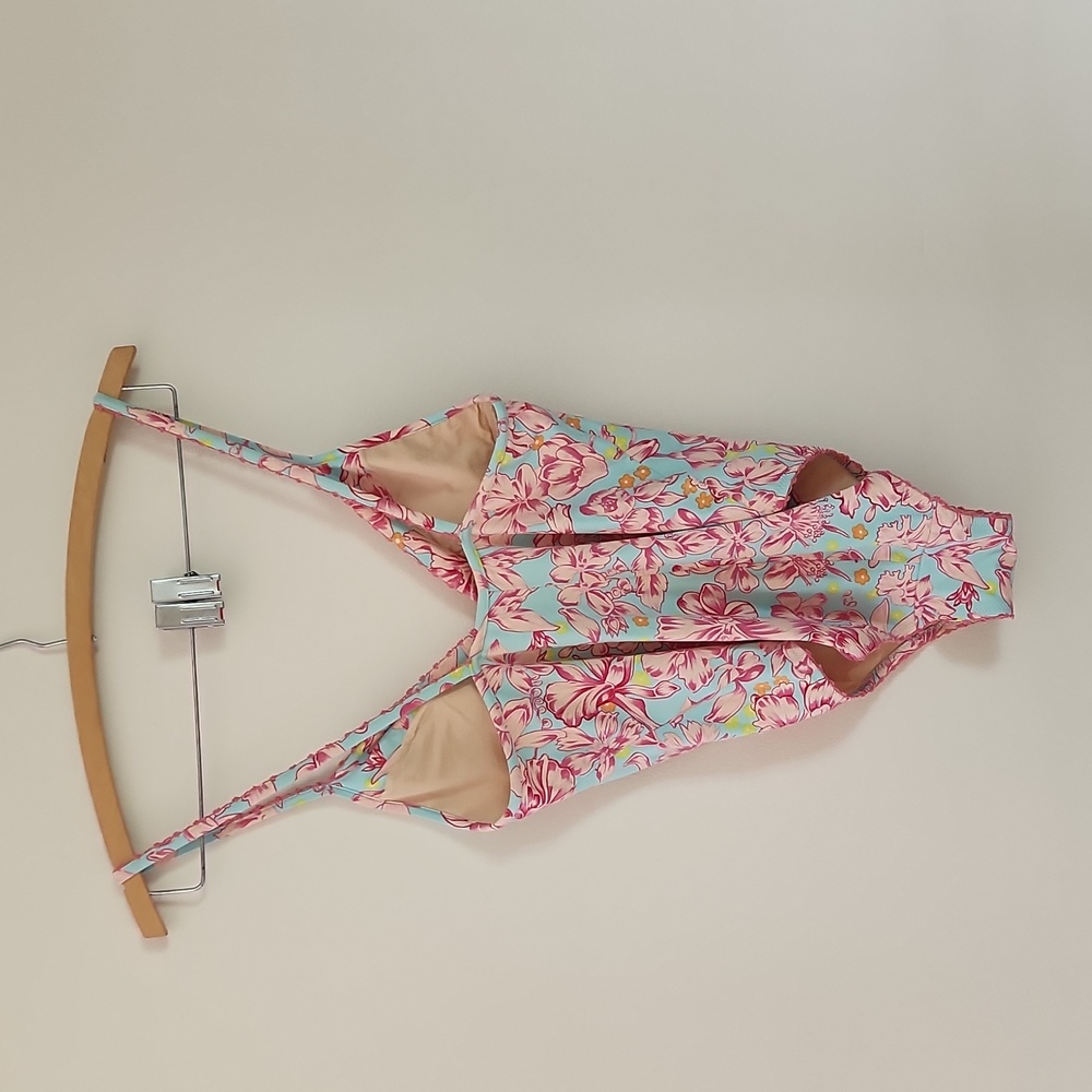 Rosa Ferrer one piece swimsuit pink and turquoise floral bathing suit size 10 - Picture 7 of 9